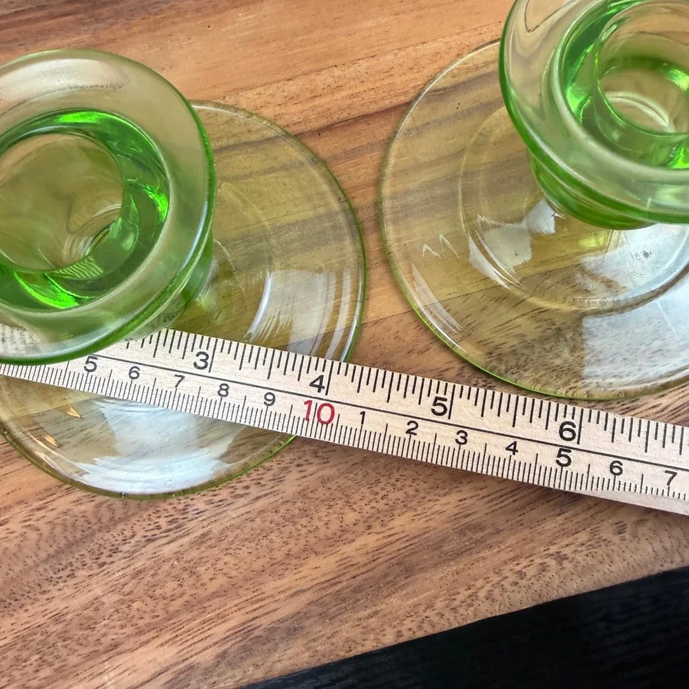 Vintage Uranium Glass Candlestick Holders‎ Green Vaseline Glass Set of 2 Glows